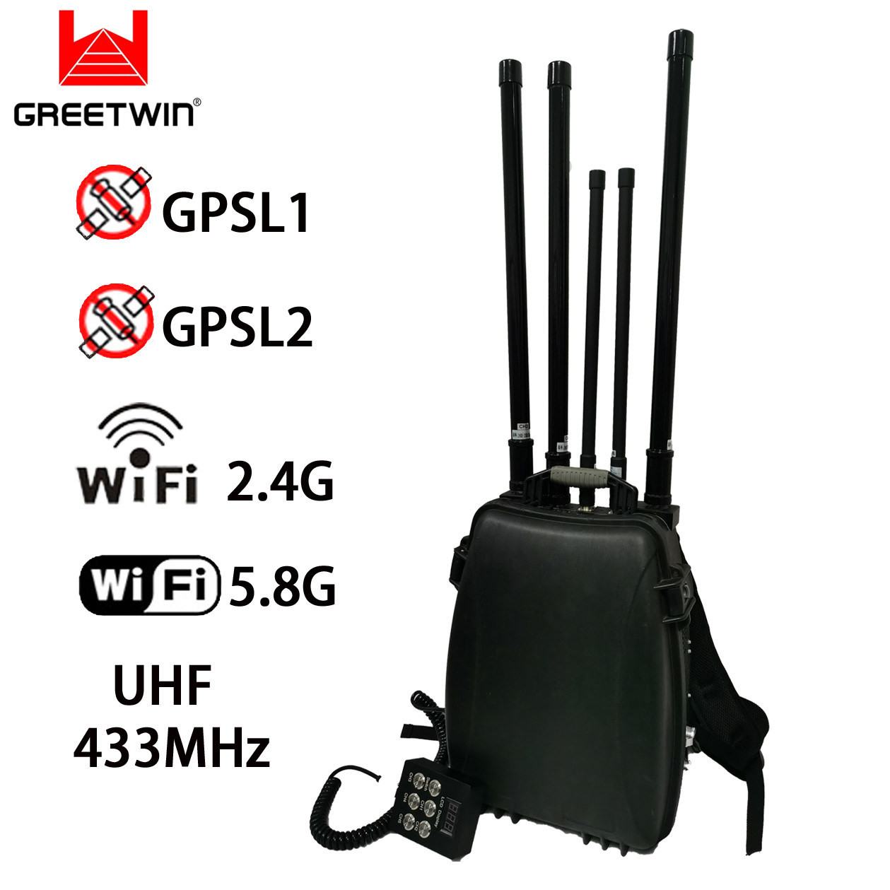 1.5 ကီလိုမီတာ UHF 433MHz ကျောပိုးအိတ် Drone Jammer WiFi 2.4G 5.8G